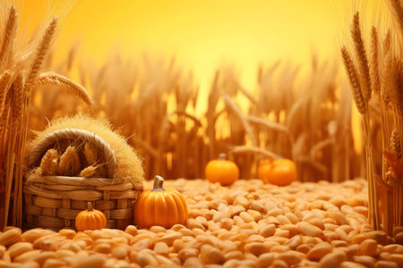 A picturesque autumn scene with pumpkins, wheat, and peanuts.の写真素材