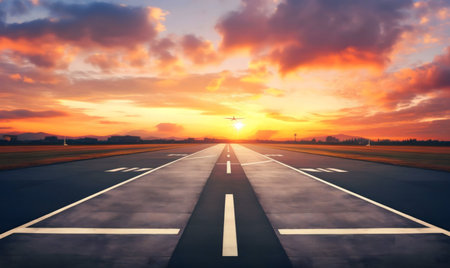 Airplane taking off at sunset from a runwayの写真素材