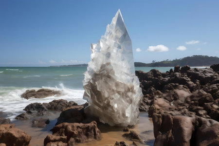 A colossal crystal structure stands majestically on a rocky beach, waves gently lapping at its base.の写真素材