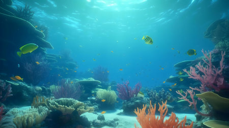 Stunning underwater scene showcasing a thriving coral reef with diverse fish.の写真素材