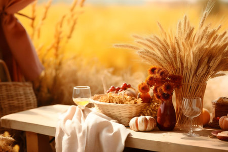 A rustic autumn table setting with wheat, pumpkins, wine, and flowers.の写真素材