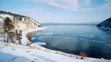 Breathtaking winter scene featuring a frozen lake nestled between snow-covered cliffs. A tranquil and serene landscape.の写真素材