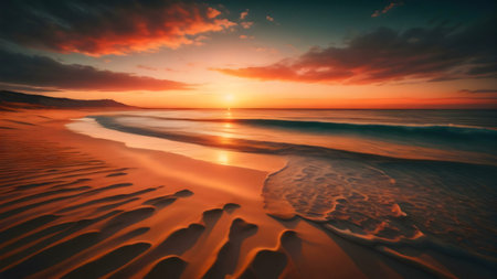 Stunning sunset over a tranquil beach. Warm colors paint the sky and ocean.の写真素材