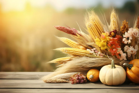 A beautiful autumnal arrangement featuring corn, pumpkins and flowers.の写真素材