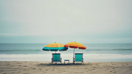 Peaceful beach scene with colorful umbrellas and chairsの写真素材