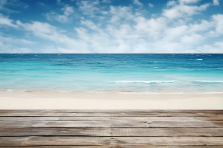 Peaceful beach scene, clear blue water, white sand, wooden deck.の写真素材