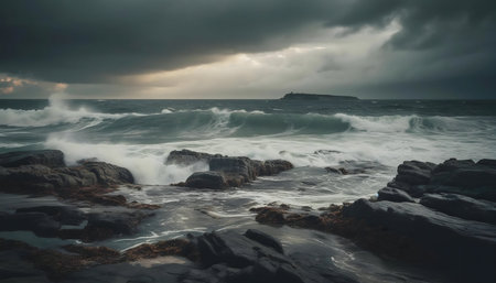 Stormy ocean waves crashing against rocks. Dramatic coastal scene.の写真素材