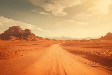 A scenic desert road stretches towards distant mountains under a warm sunset.の写真素材
