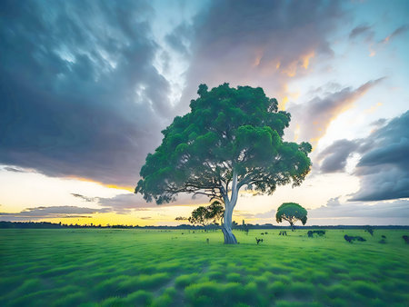 A solitary tree stands in a vibrant green field at sunset, creating a tranquil and peaceful scene.の写真素材