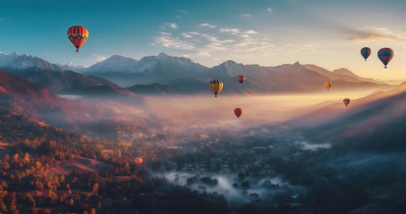 Hot air balloons soar over a misty mountain valley at sunrise. Breathtaking panorama.の写真素材