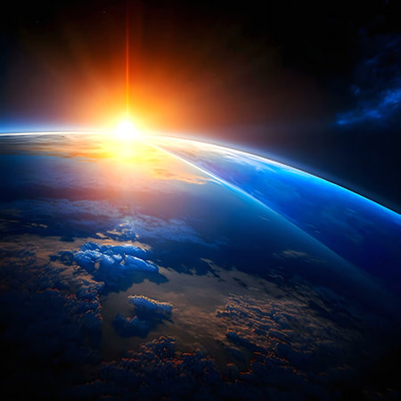 Stunning sunrise over Earth seen from space. Breathtaking view of our planet.