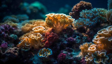 Stunning coral reef scene showcasing diverse marine life. Vibrant colors and rich biodiversity underwater.の写真素材