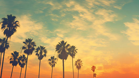 Silhouetted palm trees against a vibrant sunset sky. A quintessential California scene.の写真素材