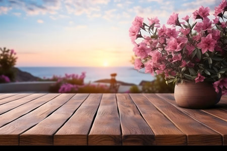 Pink azaleas in a pot on a wooden table, beautiful sunset over the ocean.の写真素材