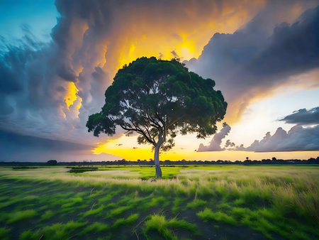 A solitary tree stands in a vibrant field at sunset, dramatic clouds fill the sky.の写真素材