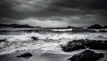 Dramatic black and white image of a stormy ocean crashing against rocky shore.の写真素材