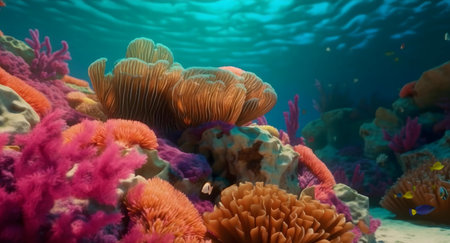 Stunning underwater scene of a vibrant coral reef teeming with lifeの写真素材