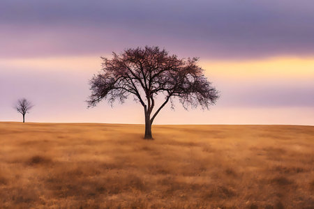Two trees stand alone in a vast golden field at sunset. Peaceful, serene landscape.の写真素材