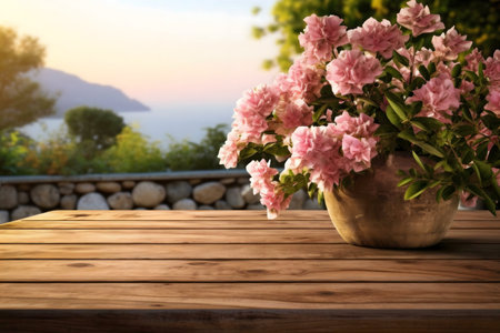 Pink flowers in a pot sit on a wooden table, overlooking a tranquil ocean sunset.の写真素材