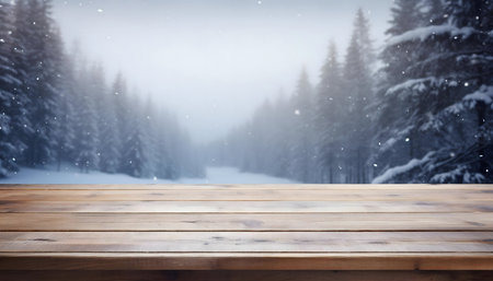Wooden table in snowy forest. Winter wonderland scene.の写真素材