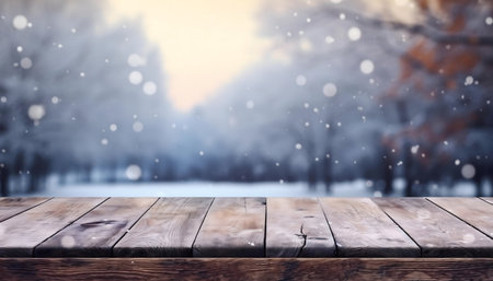 Wooden table in a snowy winter scene. Perfect background for product display.の写真素材