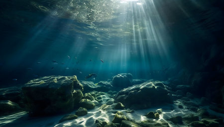Sunbeams penetrate the deep ocean, illuminating a serene underwater scene.の写真素材