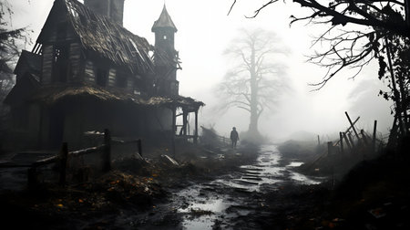 A mysterious figure walks towards a ruined house in a dense fog. Eerie and atmospheric.