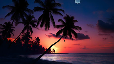 Stunning sunset over a tropical beach with palm trees silhouetted against the vibrant sky and moon.