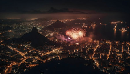 Fireworks explode over the illuminated city of Rio de Janeiro at night, with Sugarloaf Mountain silhouetted against the sky.の写真素材