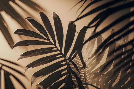 Close-up of palm fronds bathed in warm, golden light, creating dramatic shadows and textures.の写真素材