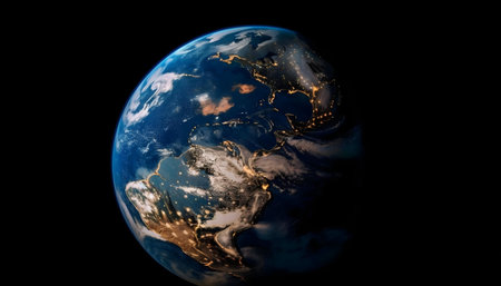 A breathtaking view of Earth at night, showcasing the bright lights of cities across continents.の写真素材