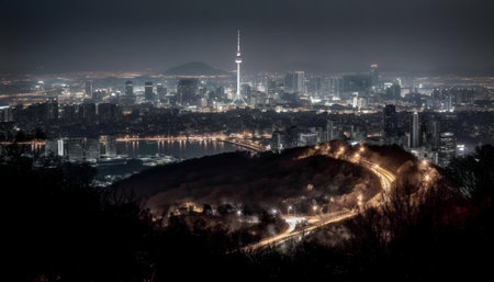 A stunning nighttime view of a vibrant city sprawling across the landscape, illuminated by thousands of lights.の写真素材