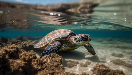 A green sea turtle glides effortlessly through a vibrant coral reef. Sunlight filters down illuminating the serene scene.の写真素材