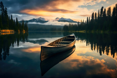 Canoe floats serenely on a calm lake reflecting a stunning sunrise and majestic mountains.の写真素材