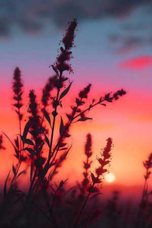 Silhouetted plants against a vibrant sunset. A tranquil scene.の写真素材