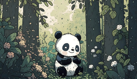 A charming illustration of a panda bear sitting peacefully in a lush forest, surrounded by flowers and trees.の写真素材