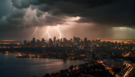 Dramatic lightning storm over a city at night.の写真素材