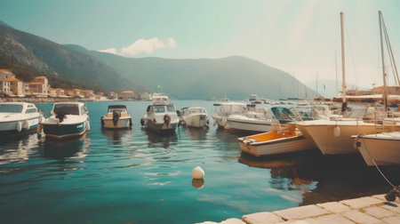 Tranquil harbor scene with boats, calm waters, and mountain background.の写真素材