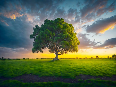 A single tree stands in a green field during a vibrant sunset. The sky is filled with dramatic colors.の写真素材