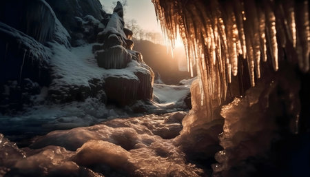 Sunrise illuminates an ice cave, with icicles and frozen water creating a magical winter scene.の写真素材