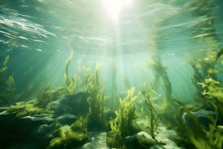 Stunning underwater kelp forest bathed in sunlight. Serene and peaceful.の写真素材