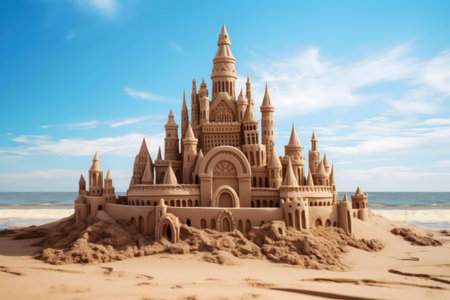 A magnificent sandcastle stands tall on a beach, a testament to creativity and summer fun.の写真素材