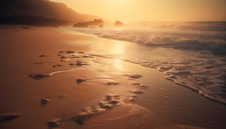 Stunning sunset over a tranquil beach. Golden light bathes the sand and waves.の写真素材