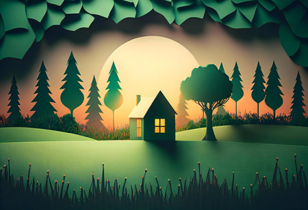 Tranquil papercut artwork depicting a house nestled in a forest at sunset.の写真素材