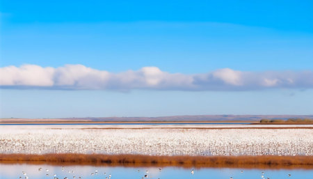 A vast flock of snow geese rests on a coastal marsh, reflecting the serenity of the blue sky and fluffy clouds aboveの写真素材