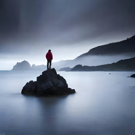 A lone figure stands on a rock, gazing out at a misty ocean and coastline.の写真素材