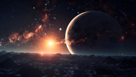 Stunning sunrise on an alien planet, showcasing mountains and a massive celestial body. A truly awe-inspiring cosmic viewの写真素材