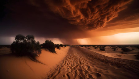 A breathtaking desert landscape under a dramatic, stormy sky. Orange hues dominate.の写真素材