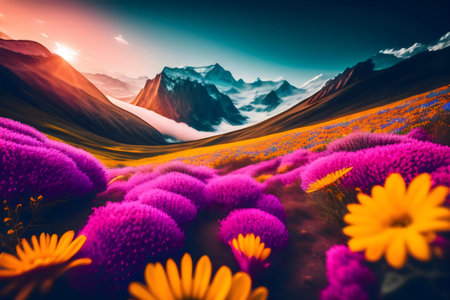 Stunning sunrise over a flower-filled valley, surrounded by majestic mountains.の写真素材