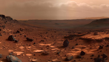 Stunning Martian panorama. Red rocks, vast desert landscape.